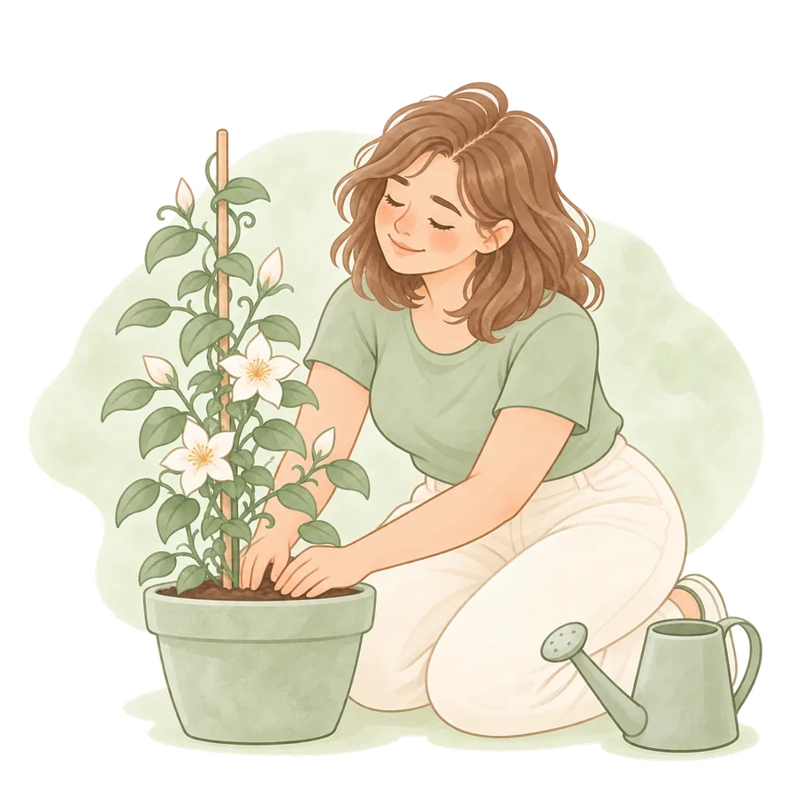 Illustrazione: una ragazza in ginocchio sistema con cura la terra di una pianta in fiore nel suo vaso