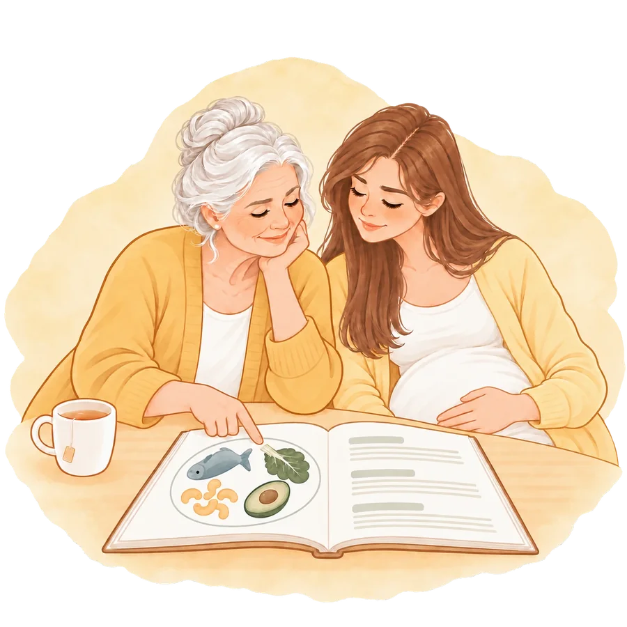 Illustrazione: una donna anziana e una giovane donna in gravidanza, sedute a tavola, sfogliano sorridenti un libro sull'alimentazione
